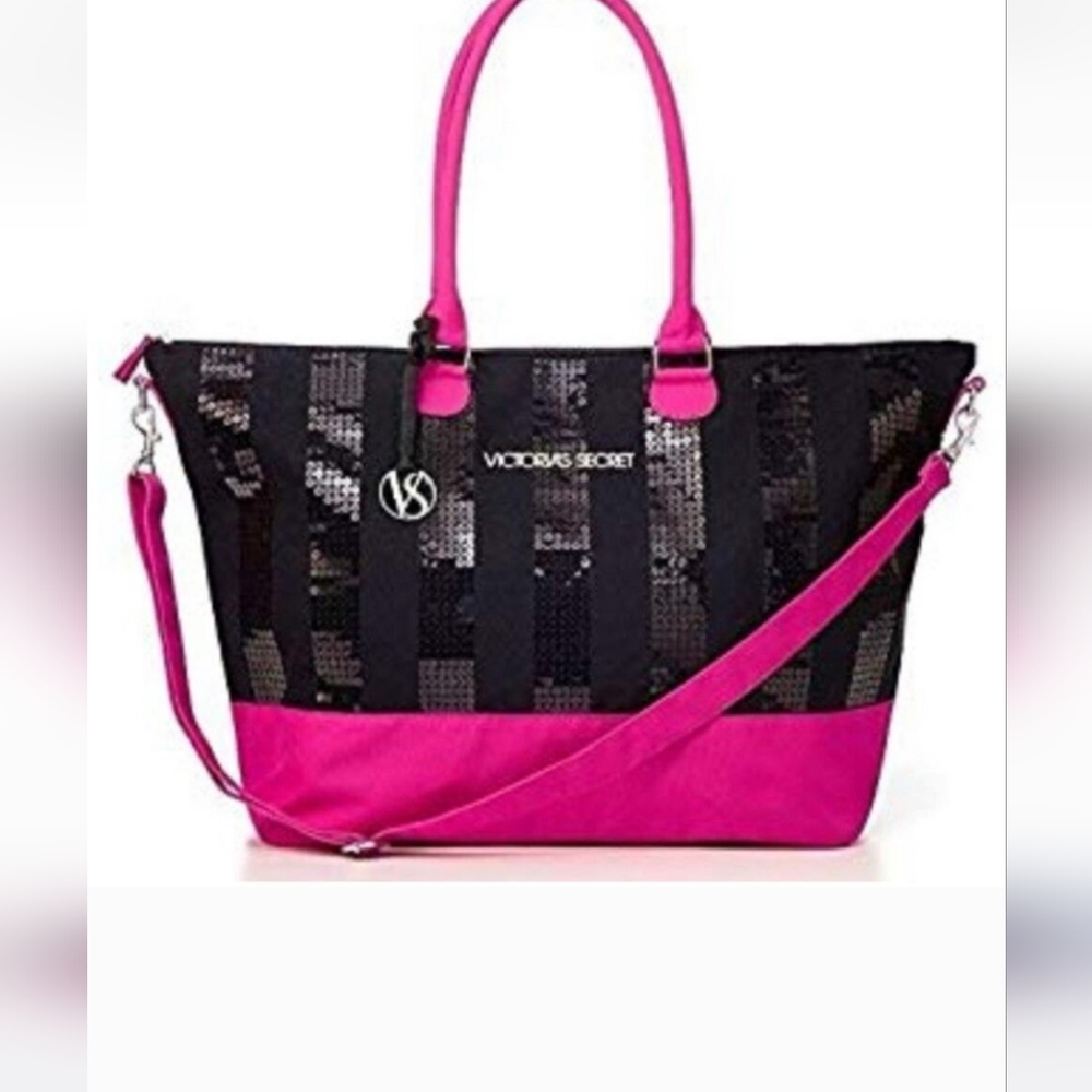 Victoria's Secret Black and Pink Modern Tote With Sequin